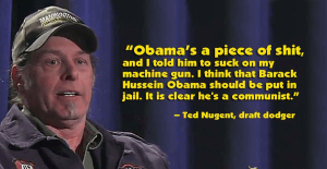 A fine example of republican class. Refers to the current president as a POS , a sub-human mongrel , a communist , and a traitor. Gets invited to the State Of The Union Address. To the conservative media he's a patriot.